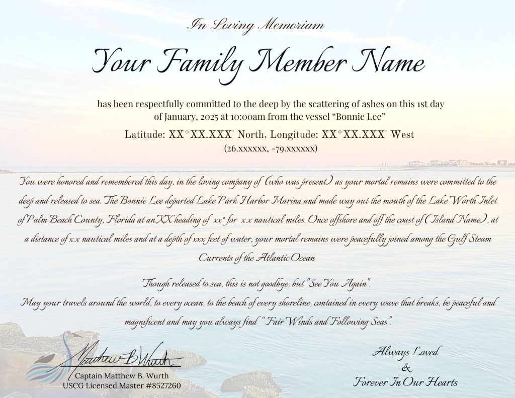 Ocean Ash Scattering certificate provided by Sandhill Charters for a Burial At Sea Service.