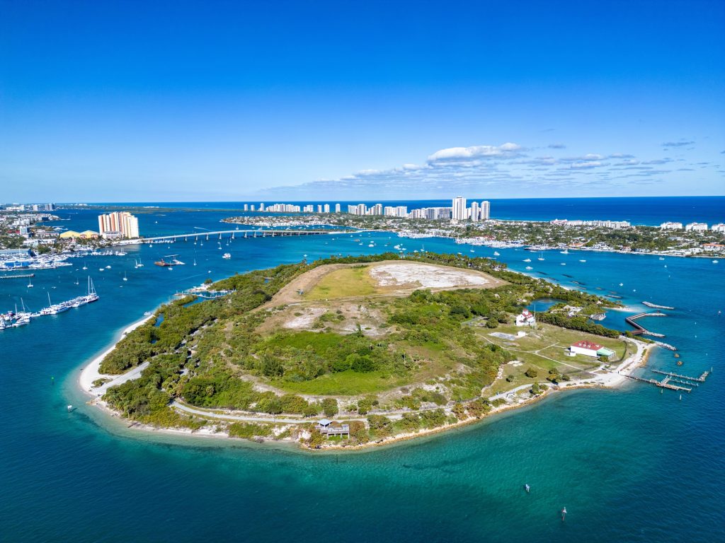 Aerial view of Peanut Island in the Intracoastal Waterway of Rivera Beach Florida