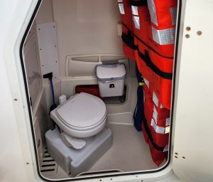 Looking inside the helm of the bonnie Lee of the onboard head