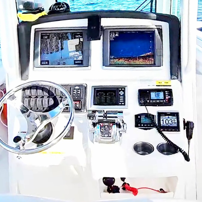 A look at the helm station of the Bonnie Lee of Sandhill Charters