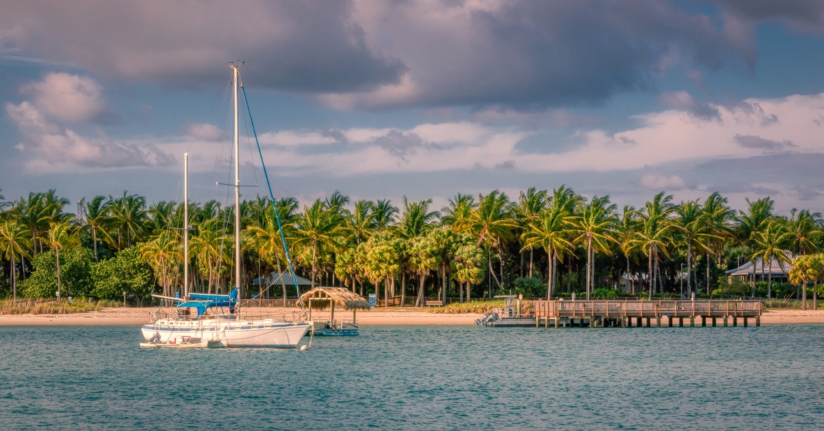 A sailboat is anchored off Peanut Island in the waters of the West Palm Beach inlet in South Florida.