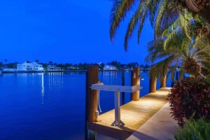 Delray Beach Waterfront nighttime shot of a dock under deep blue sky